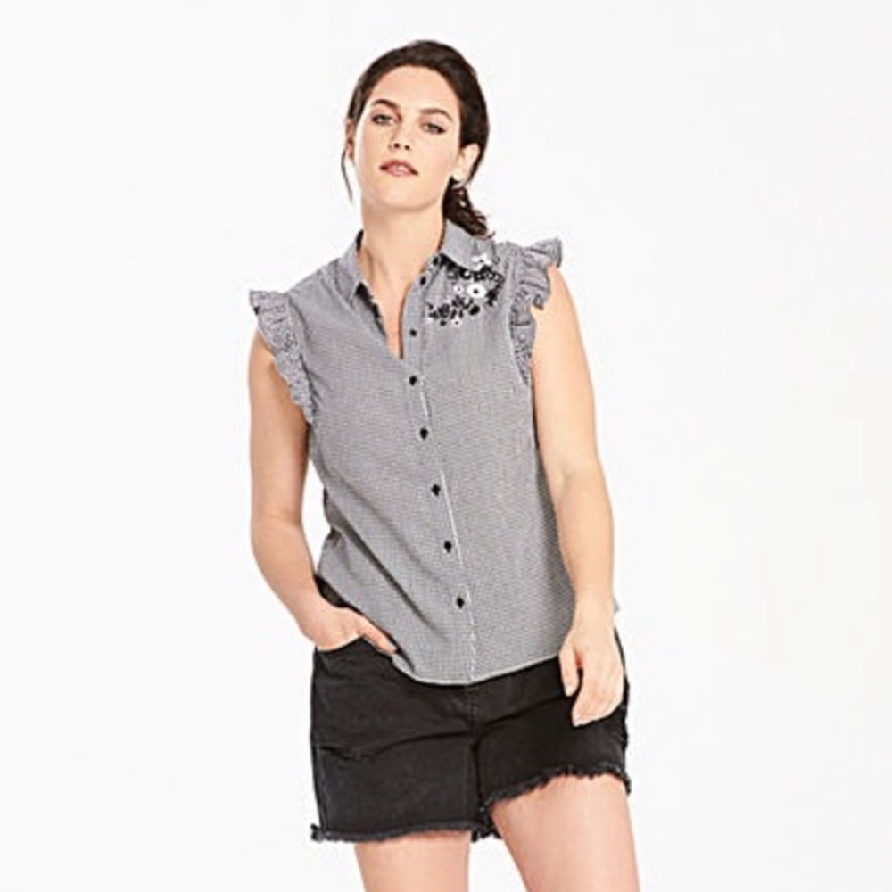 Simply Be Rockabilly Gingham Floral Embroidered  Ruffle Camp Shirt 1X NWT
